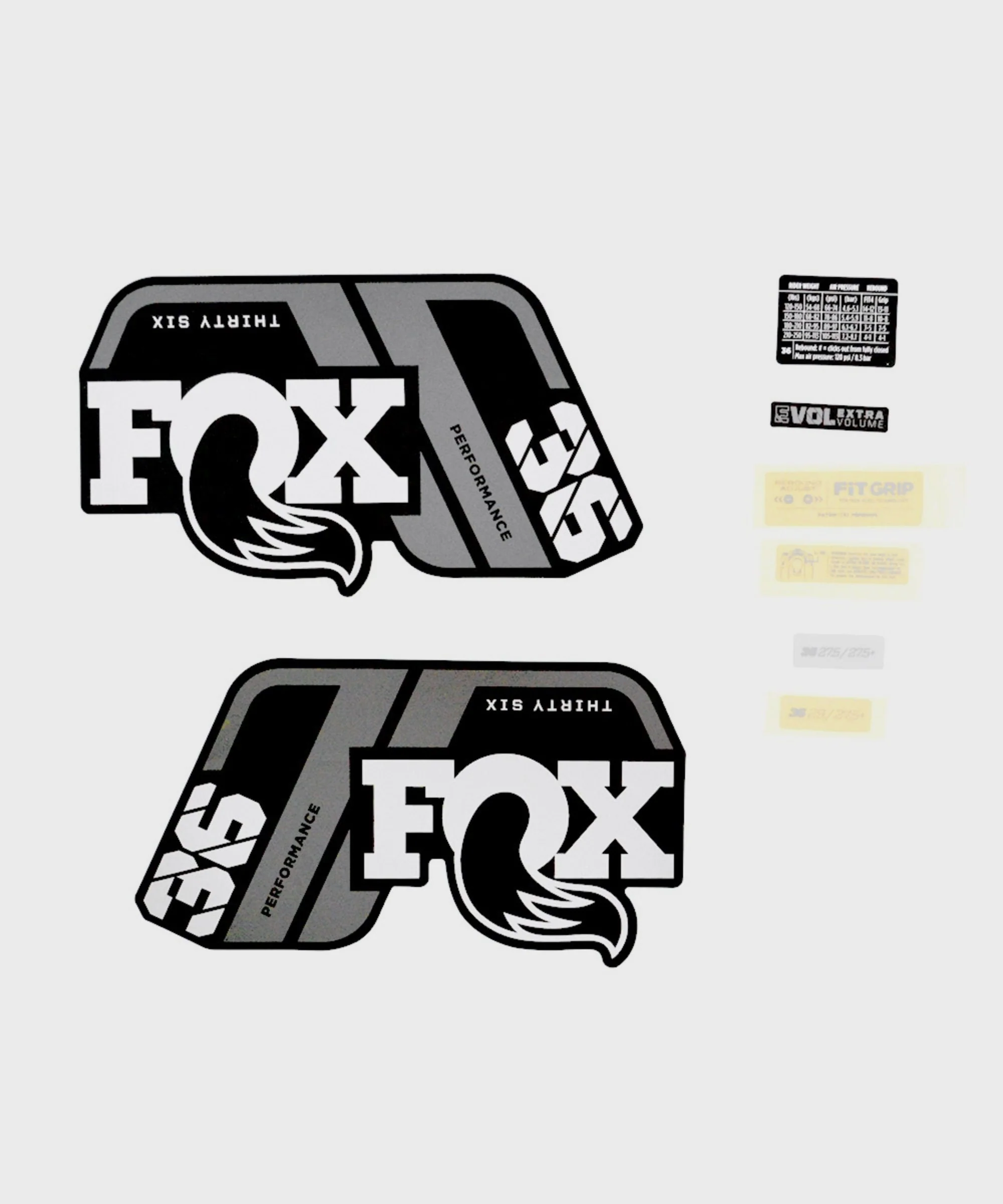 FOX Fork 36 Decal Kit: P-S Grey Logo Matte Black 2021